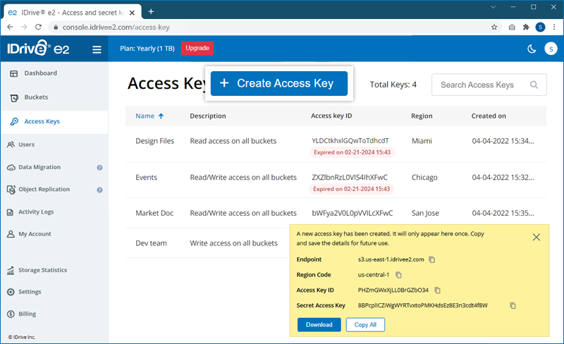 Download generated Access Key ID and Secret Access Key