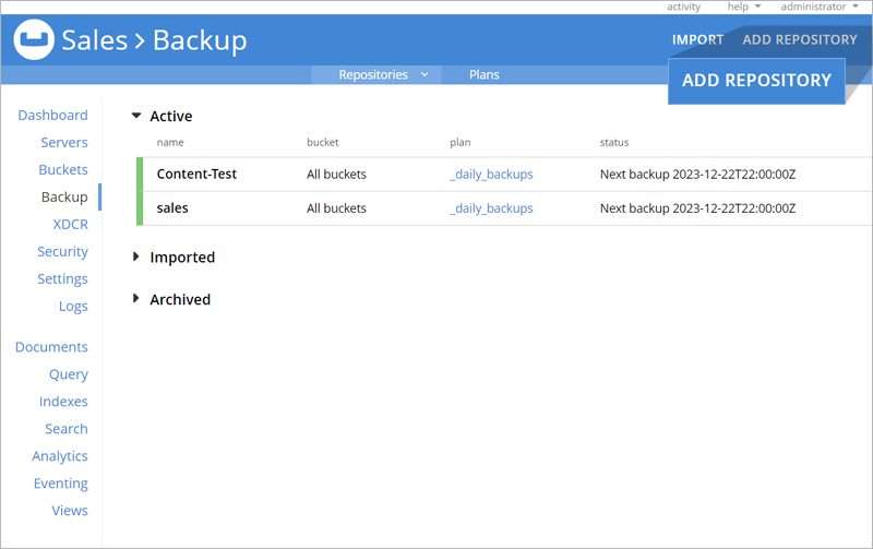 Couchbase guide - Add repository screen for Couchbase backup setup