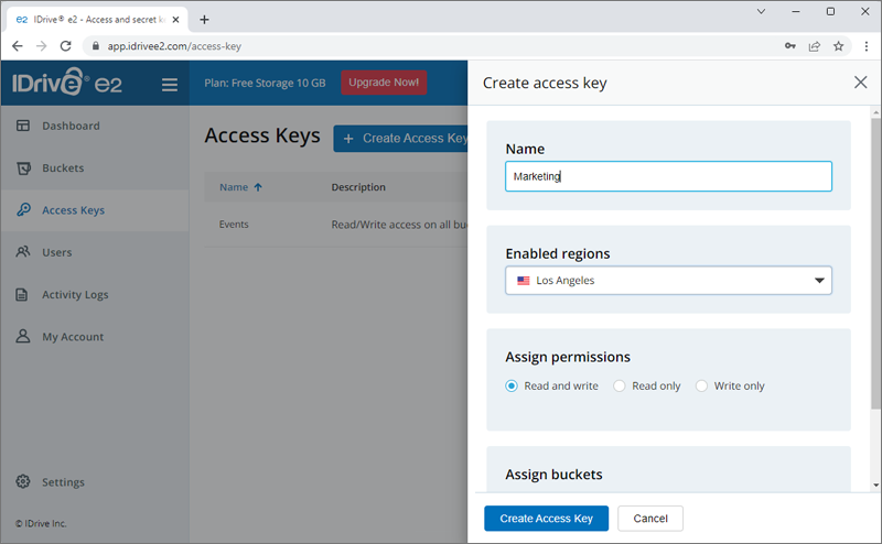 Create Access Key in IDrive e2