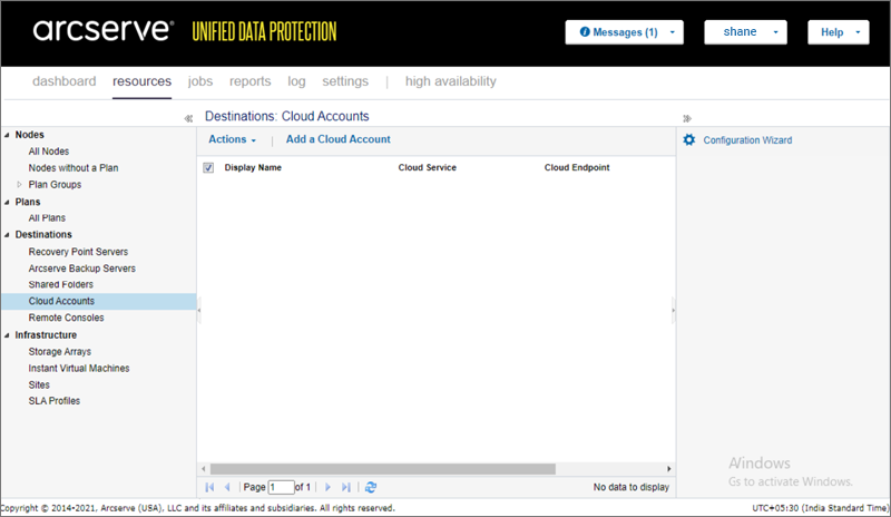 Destinations tab with Cloud Accounts option