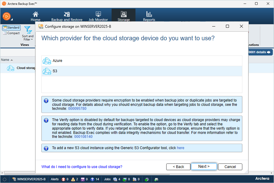 Select S3 in Cloud Storage Configuration Wizard