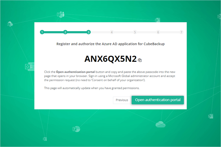 Copy the code and click Open authentication portal to verify the source account