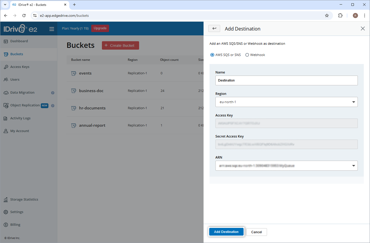 Add an AWS service as the destination
