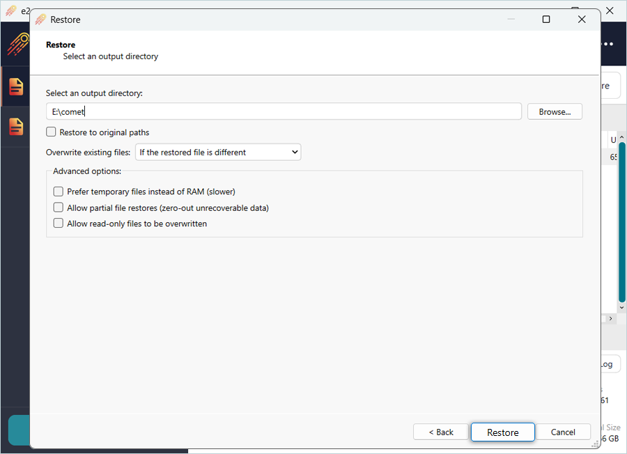 Click Browse to select the restore directory and click Restore