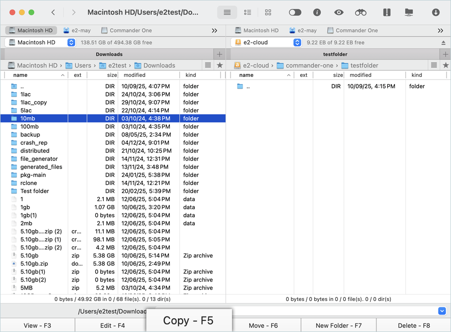 Select the folder from the source in the left-side tab (Local) and click COPY in the bottom menu