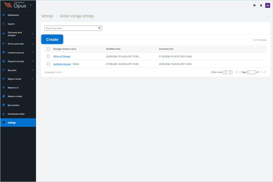 Click Create in the Global storage settings tab