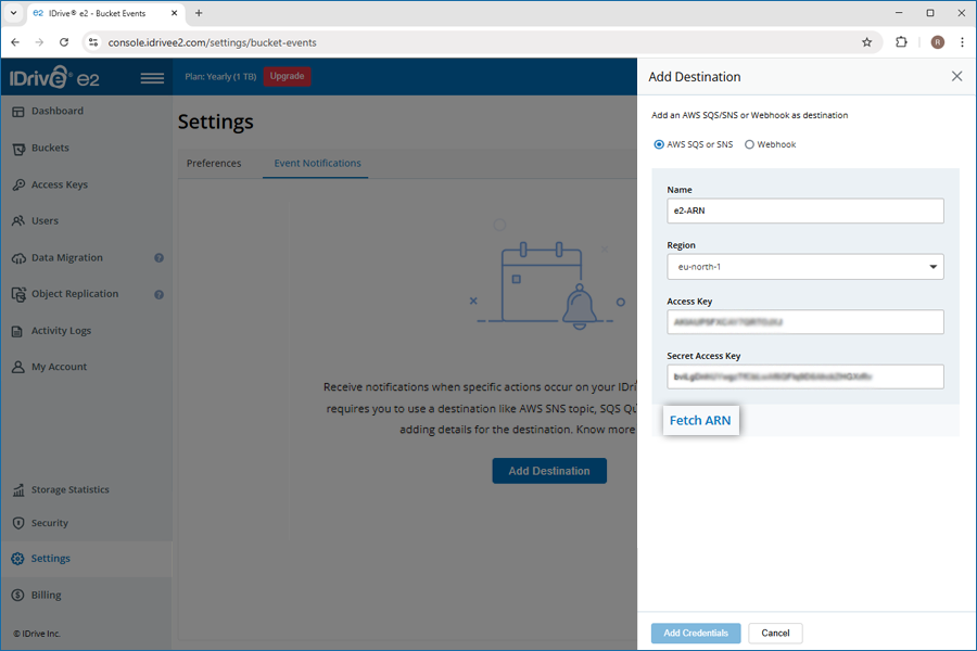 Faq Event Notifications - click fetch ARN