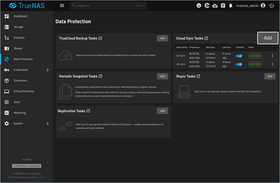 TrueNAS Cloud Sync Tasks page with Add selected to create a new sync task