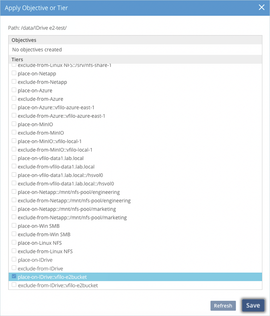Select the place-on-IDrive::vfilo-e2bucket objective and click Save