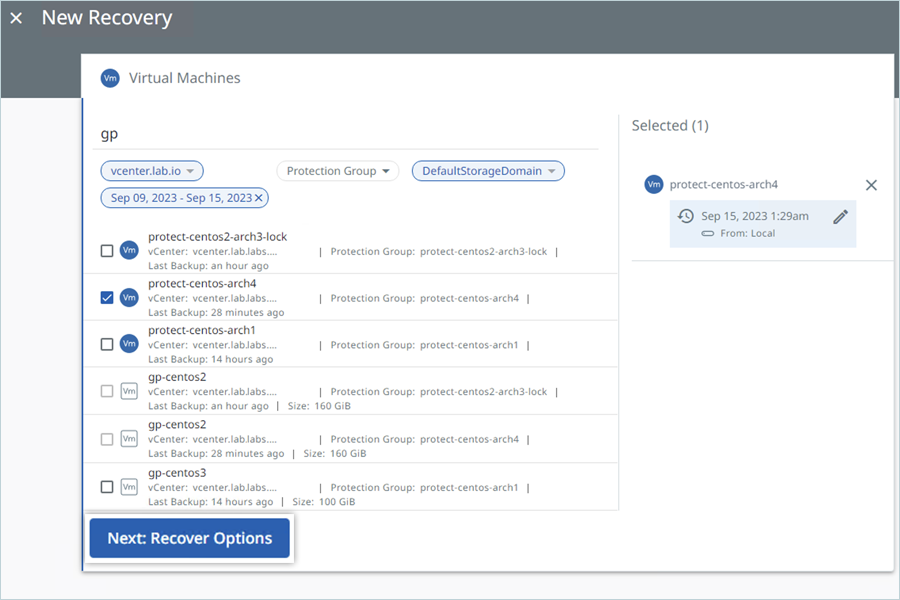 Click Next: Recover Options to proceed with VM recovery
