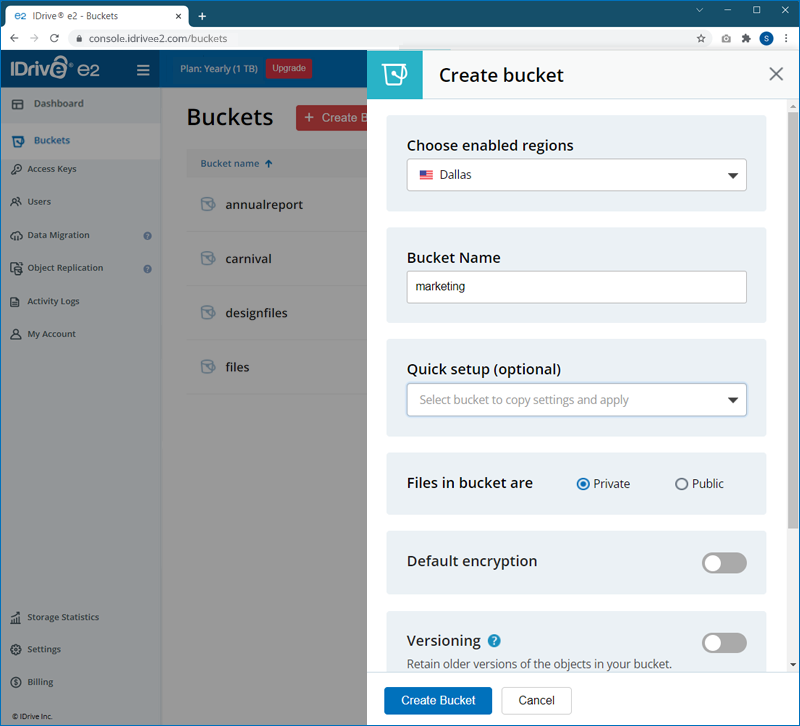 Create bucket pop-up window