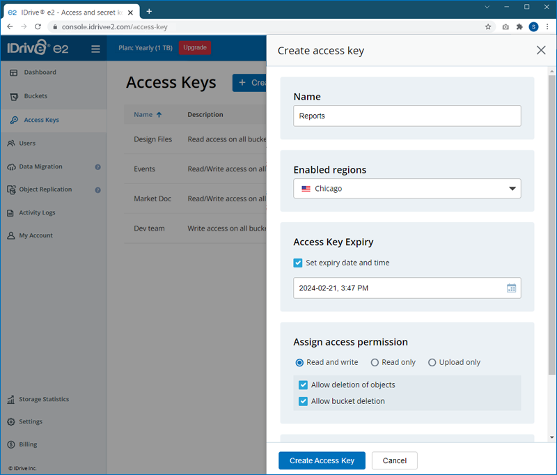 Enter access key name and select region