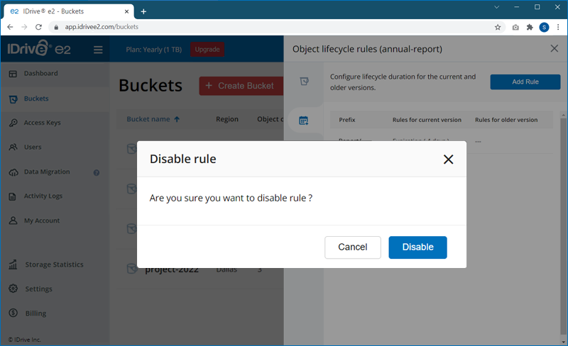 FAQ dashboard - Disable lifecycle rule popup