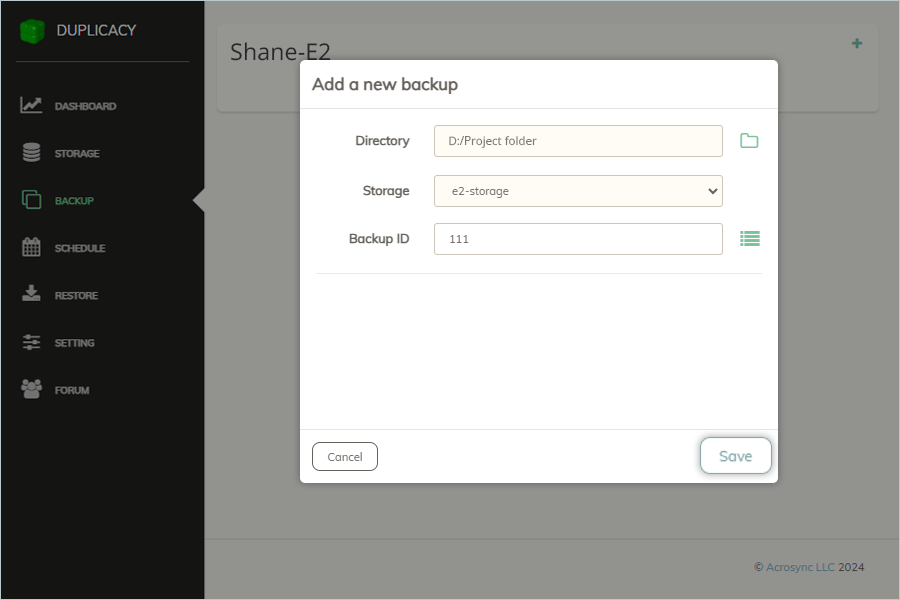 Enter backup details and click Save