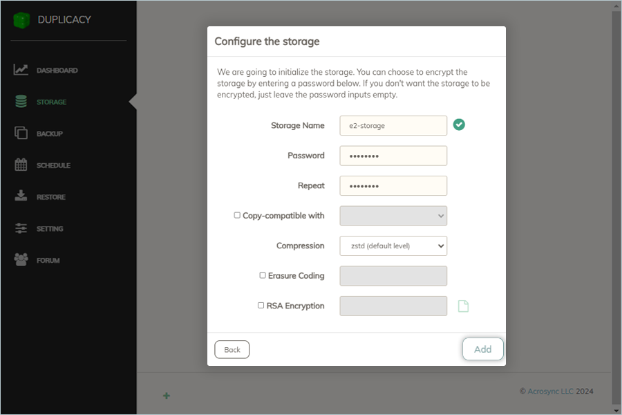 Configure storage and click Add
