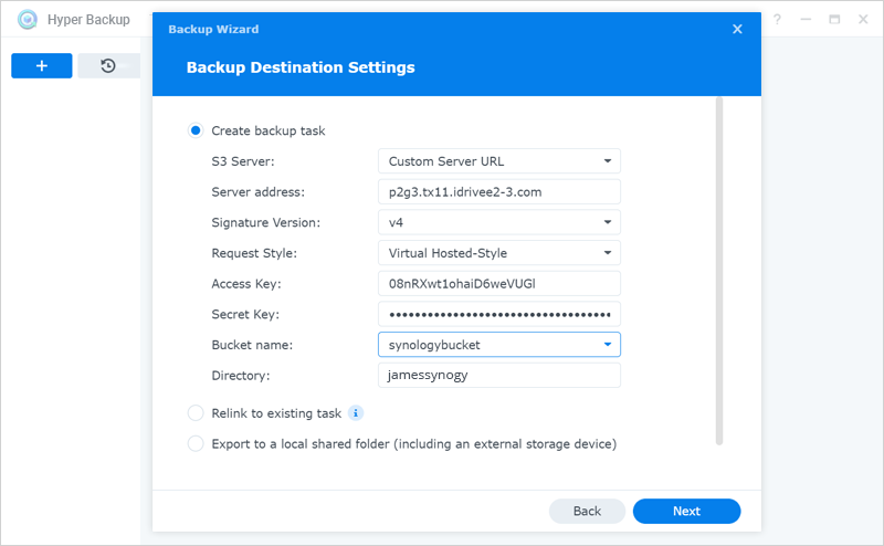 Synology Hyper Backup - Enter access keys screen