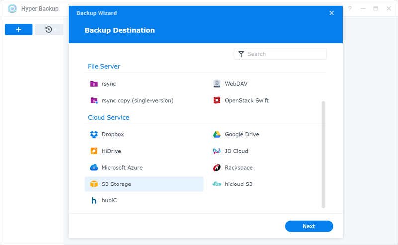 Synology Hyper Backup - Select S3 storage type screen