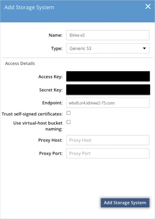 Enter IDrive e2 access key, secret key, and endpoint, then click Add Storage System