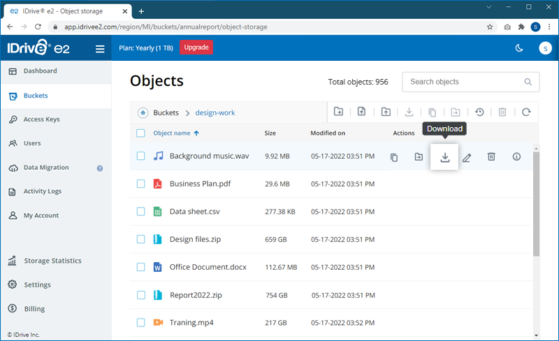 FAQ dashboard - Download objects screen