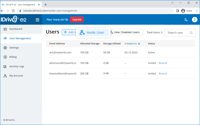 Faq Reseller - invite user screen for emailing reseller customer invites