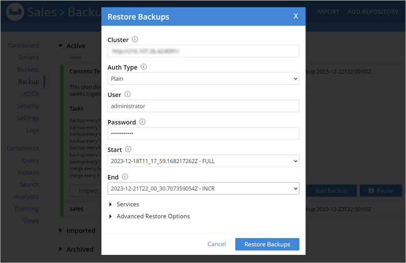 Couchbase guide - Restore backup details screen in Couchbase