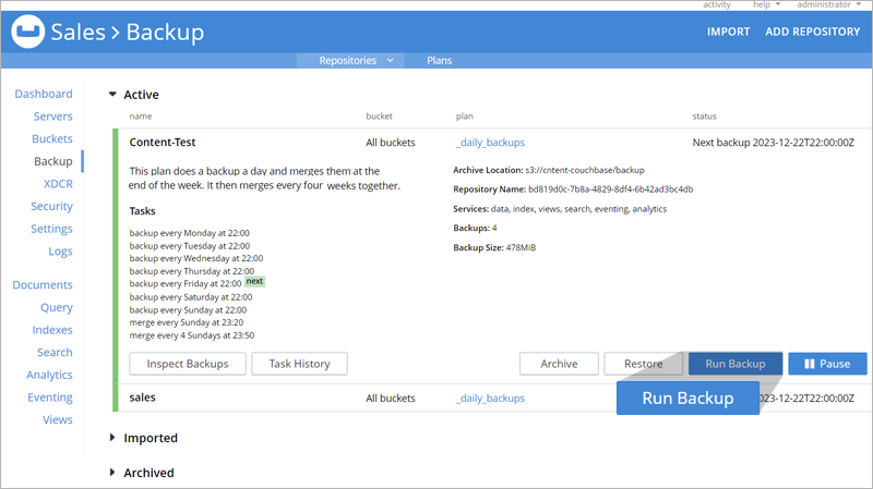 Couchbase guide - Run backup job from the Couchbase backup list