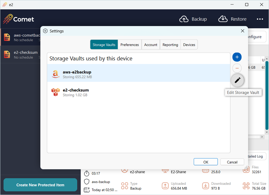 Select AWS Vault Storage under Storage Vaults and click the Edit icon