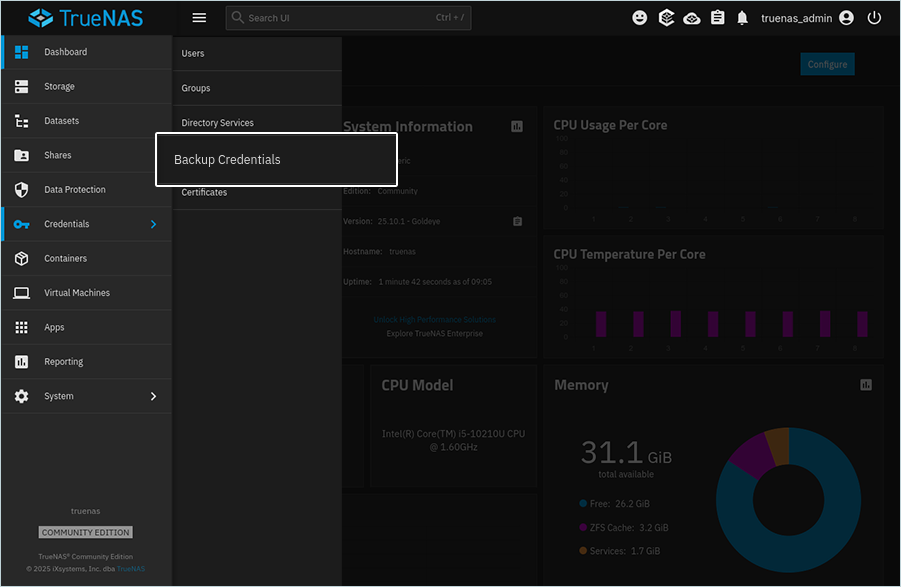 TrueNAS menu path for opening Backup Credentials from the Dashboard section
