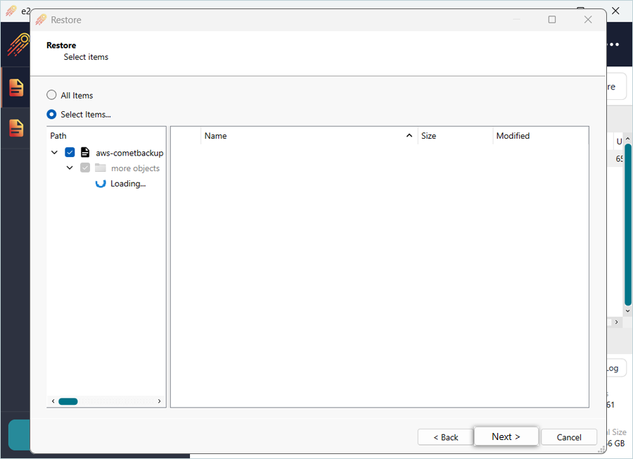 Select items to restore and click Next
