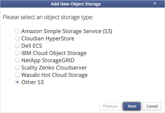 Select Other S3 as the object storage type and click Next