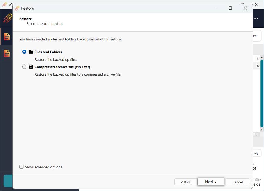 Select the Restore Method as required and click Next
