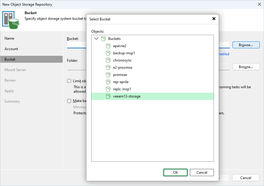 Veeam Proxmox Guide - select bucket and click OK