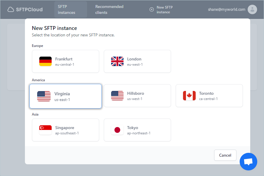 Instance location selection screen for SFTPCloud setup
