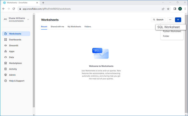 Snowflake guide - Create worksheet screen in Snowflake