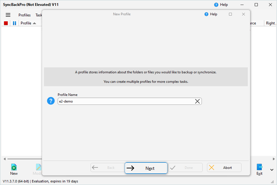 SyncBackPro guide - Enter profile name screen