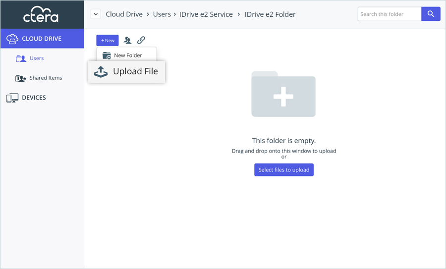 CTERA portal page for uploading data to the Cloud Drive folder