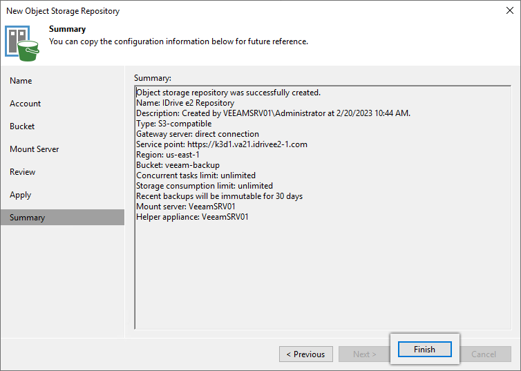 Veeam guide - Review the summary and finish setup
