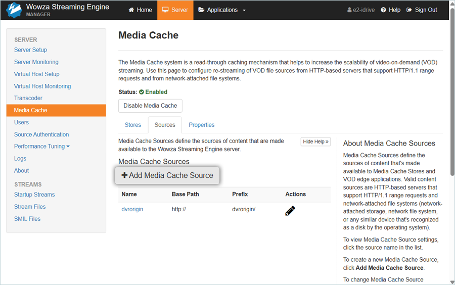Wowza Guide - Add media cache source screen