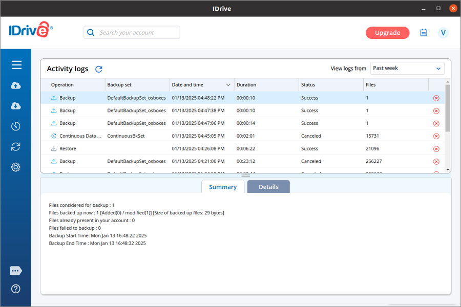 How can I view my backup and restore activities in the application? screenshot