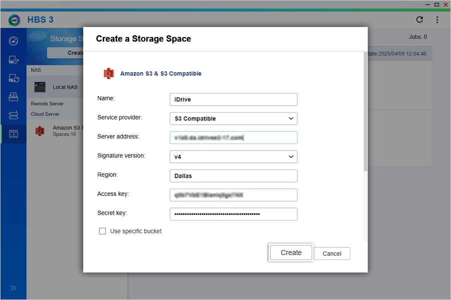 Click create to add the storage space