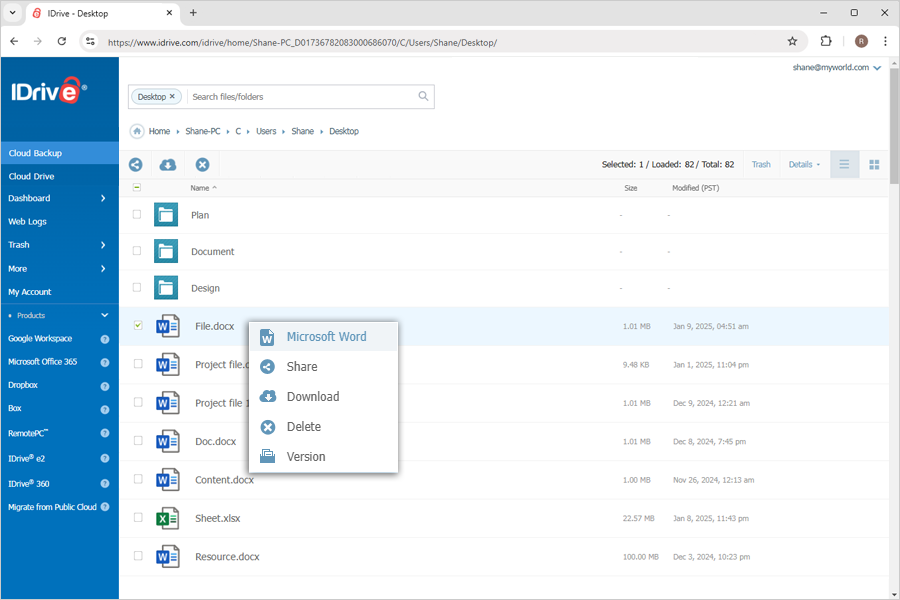 Cloud Backup Select Word File
