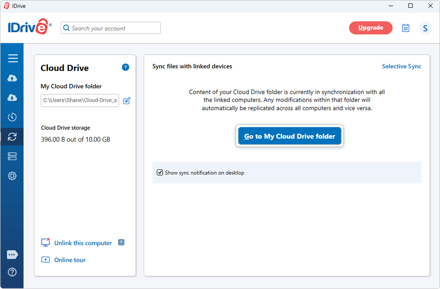 Enable Sync button in Cloud Drive tab on Windows IDrive application screenshot