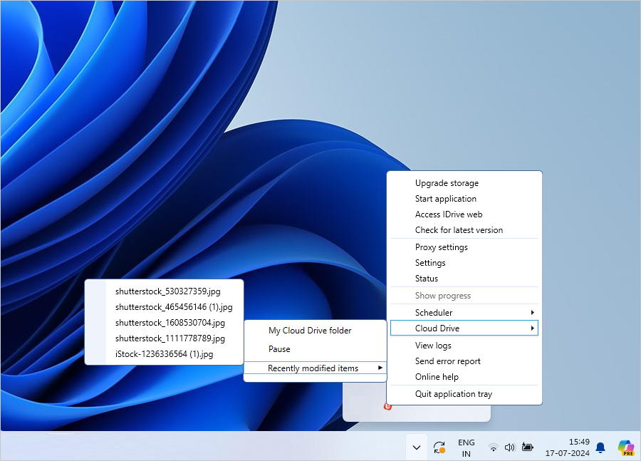 IDrive system tray menu showing recently modified items in Sync folder screenshot