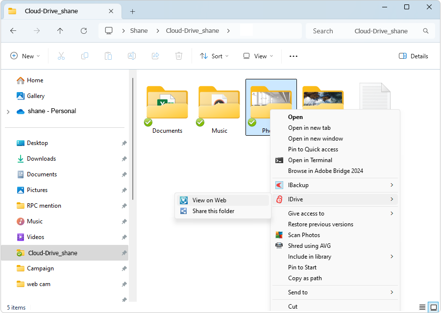 IDrive share file context menu in Sync folder screenshot